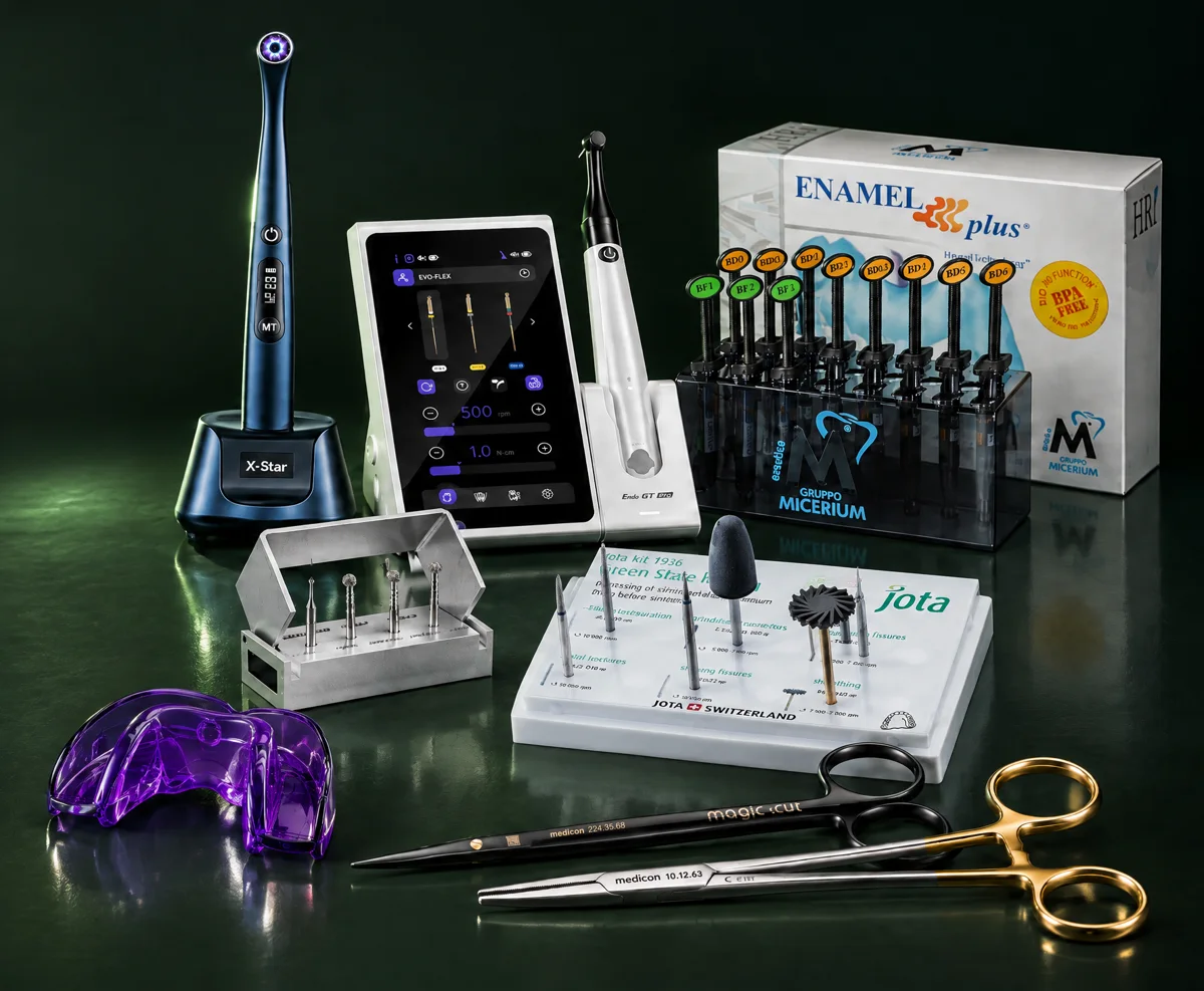Productos de Woodpecker, Micerium, JOTA, AMCOP y Medicon: lámpara X-Star, motor Endo GT Pro, composite Enamel Plus HRi, kit JOTA 1936, bioactivador DTM, tijera y portaagujas