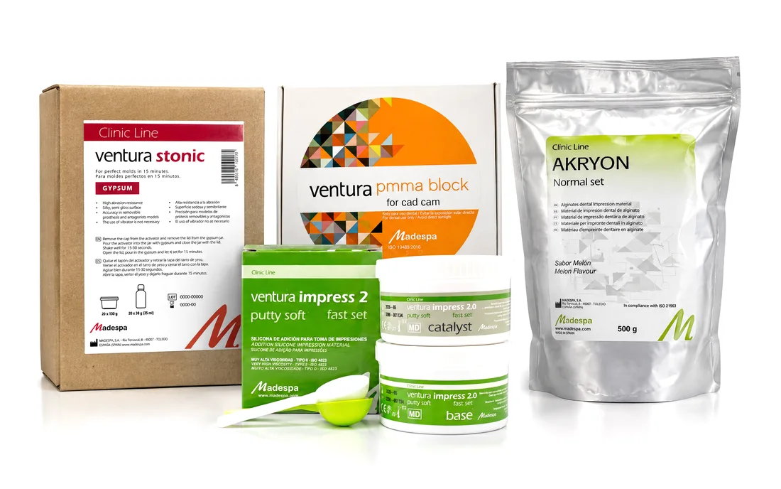 Madespa Ventura: silicona Impress 2, yeso Stonic, bloque PMMA y alginato Akryon