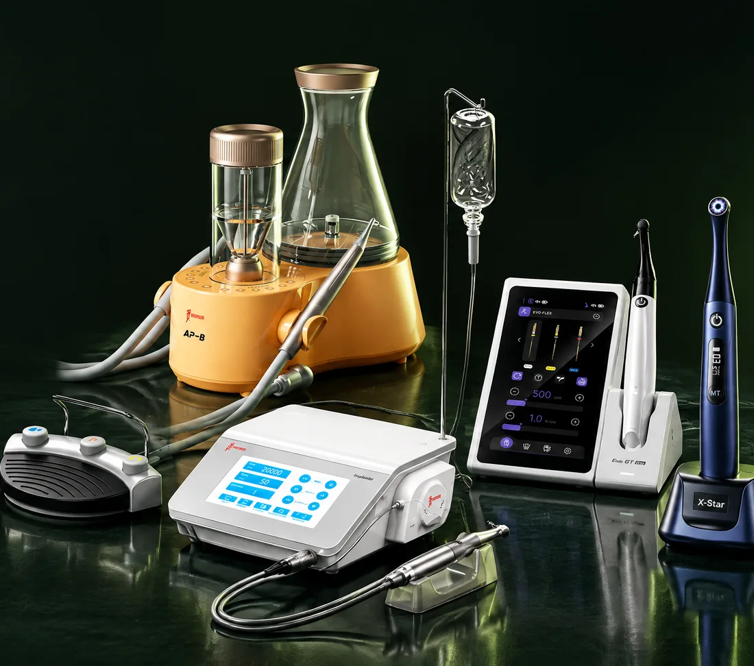 Equipos Woodpecker: ultrasonidos AP-B, motor de implantes Implanter LED Plus, motor de endodoncia Endo GT Pro y lámpara X-Star