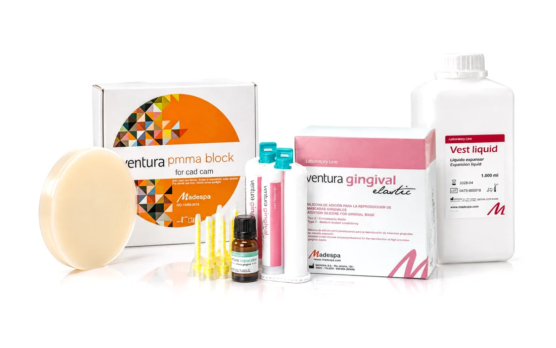 Laboratorio Madespa: Ventura PMMA Block con disco, Gingival Elastic y Vest Liquid