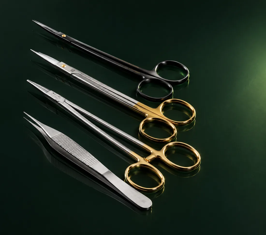 Instrumental Medicon: tijera Metzenbaum Magic Cut negra, tijera Kelly SuperCut Plus y portaagujas Halsey HM con anillos dorados y pinza Adson