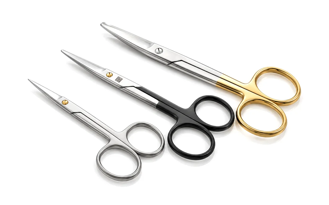 Tijeras Medicon: Iris SuperCut, Baby Metzenbaum Black-Line y Mayo HM con anillos dorados