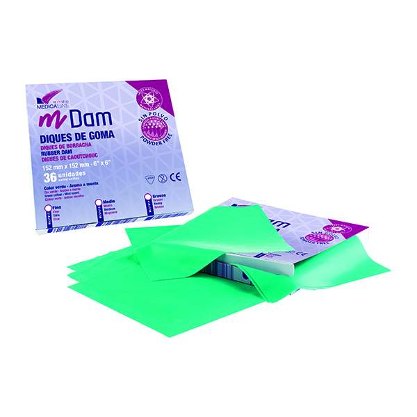 Diques de goma verdes MEDICALINE para aislamiento dental.