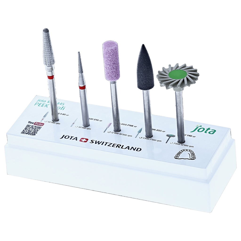 Kit para PEEK JOTA: fresas y pulidores para prótesis dentales.