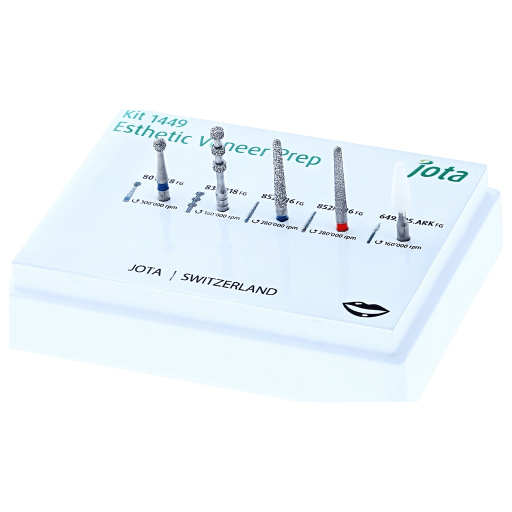 Kit JOTA preparación carillas estéticas: fresas, discos, pulidores.