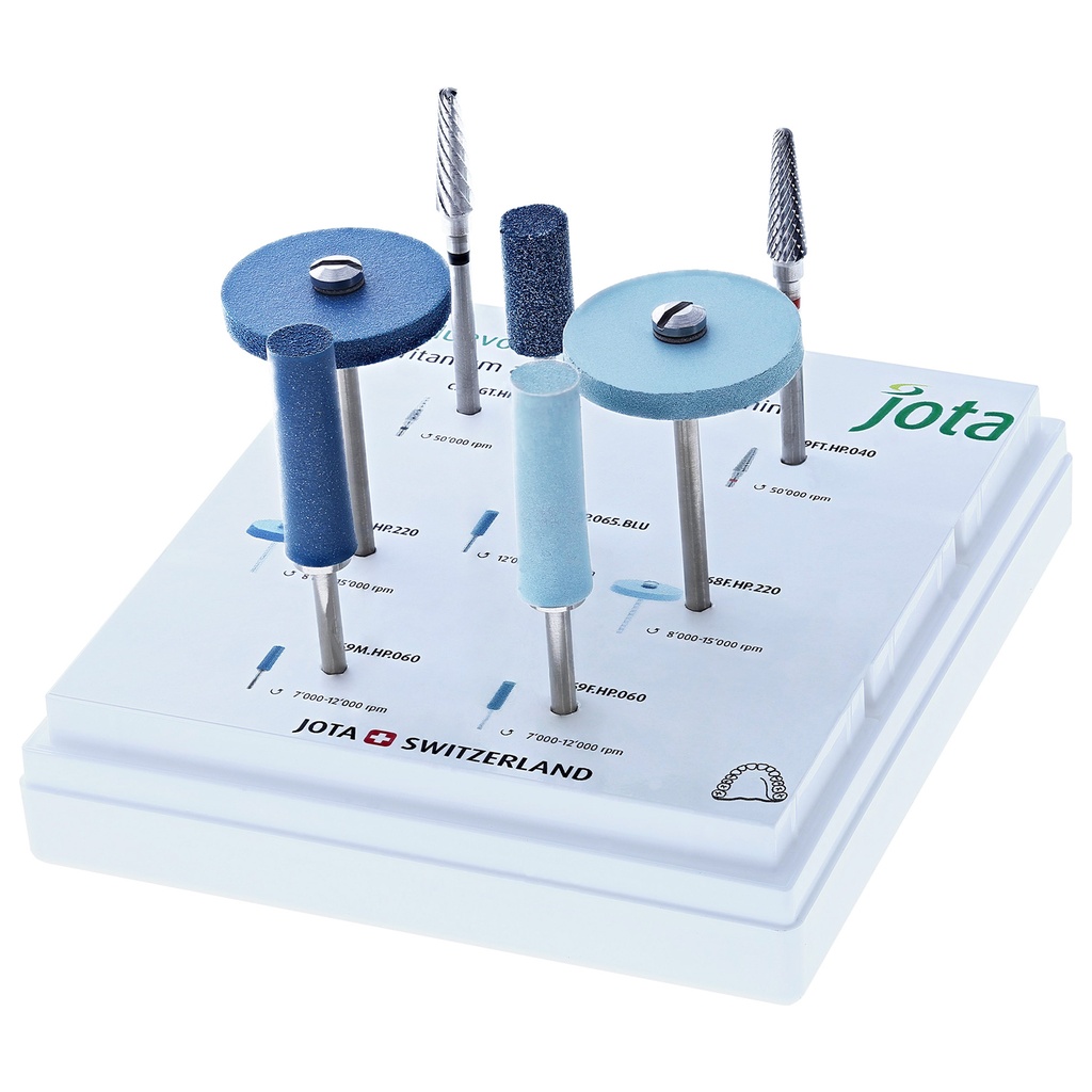 Kit JOTA para titanio dental: fresas y pulidores para prótesis e implantes.