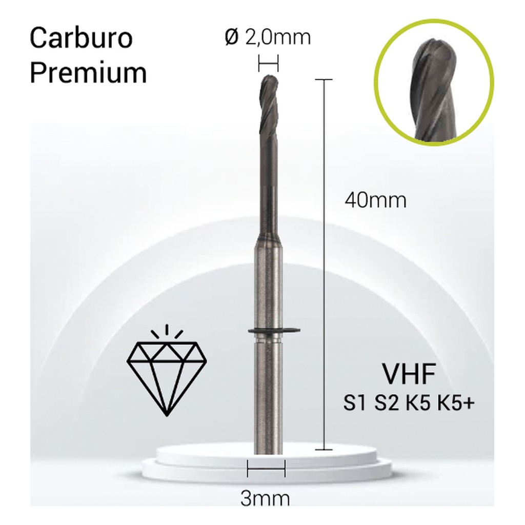Carburo 3mm JOTA para PMMA y PEEK V3-J23-020. Fresado dental preciso.