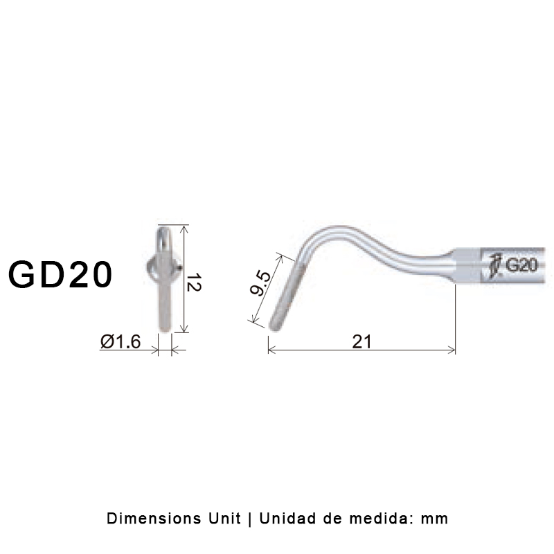 Punta ultrasonidos Woodpecker GD20 compatible SATELEC. Profilaxis y tallado diamantada.