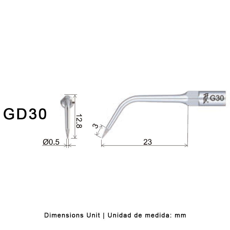 Punta ultrasonidos Woodpecker GD30 compatible SATELEC: profilaxis y tallado diamantado.