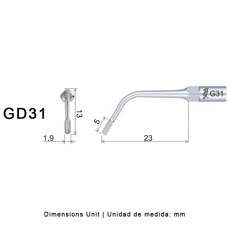 Punta ultrasonidos Woodpecker GD31 compatible SATELEC: profilaxis y tallado diamantado.