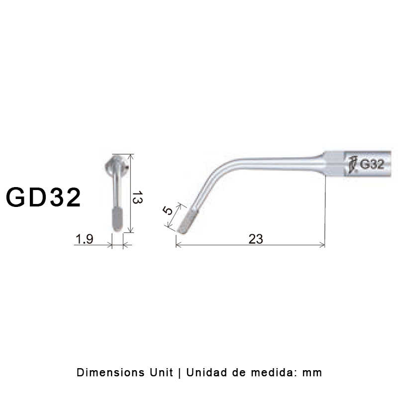 Punta ultrasonidos Woodpecker GD32 SATELEC, tallado hombro profilaxis.