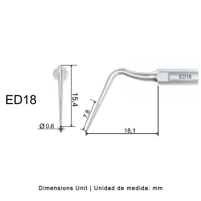 Punta ultrasonidos Woodpecker ED18 compatible SATELEC para endodoncia.