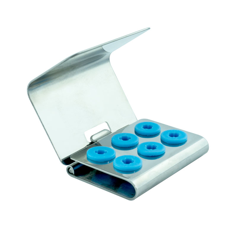 Soporte 6 puntas acero inoxidable WOODPECKER para puntas dentales.