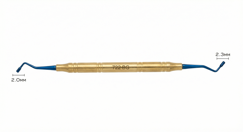 Atacador-Condensador dental Master doble, plano, estriado, azul/dorado.