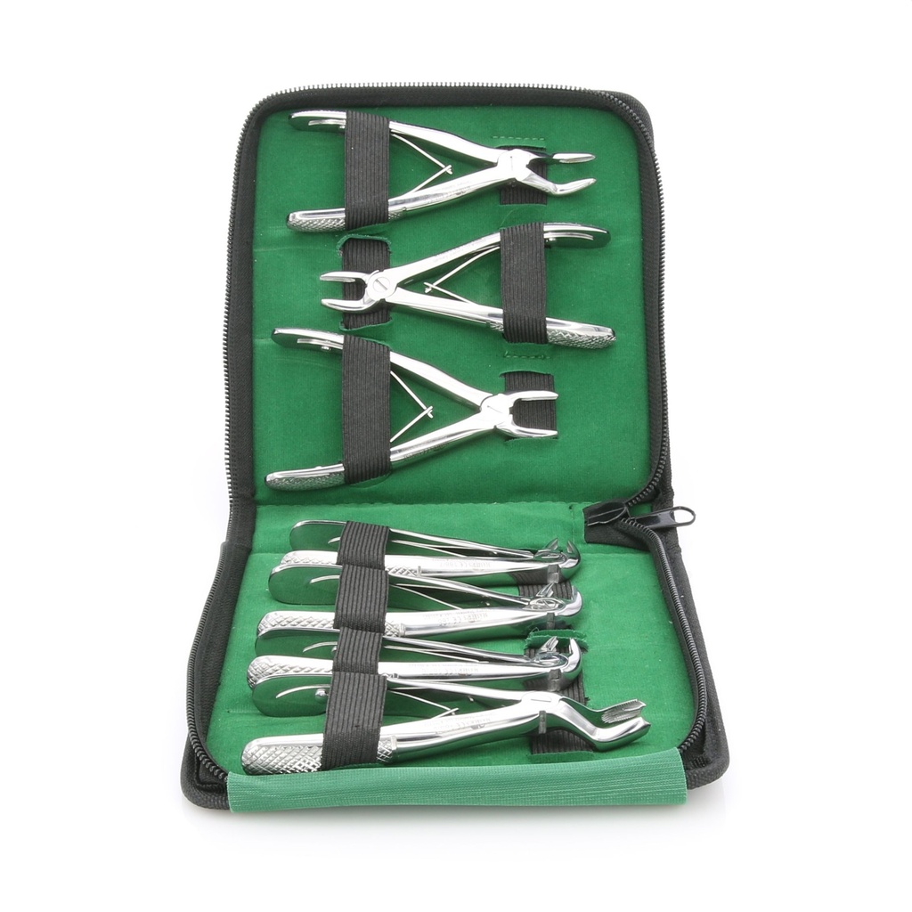Kit 7 fórceps odontopediatría Master con estuche. Extracción dental infantil segura.