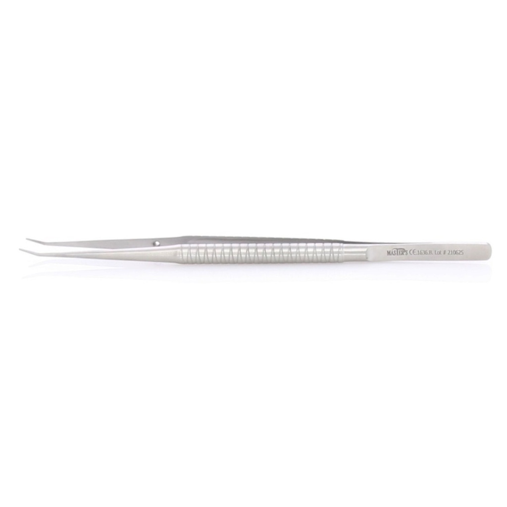 Pinza microcirugía curva Master 0.8mm, 18cm. Instrumental dental preciso.