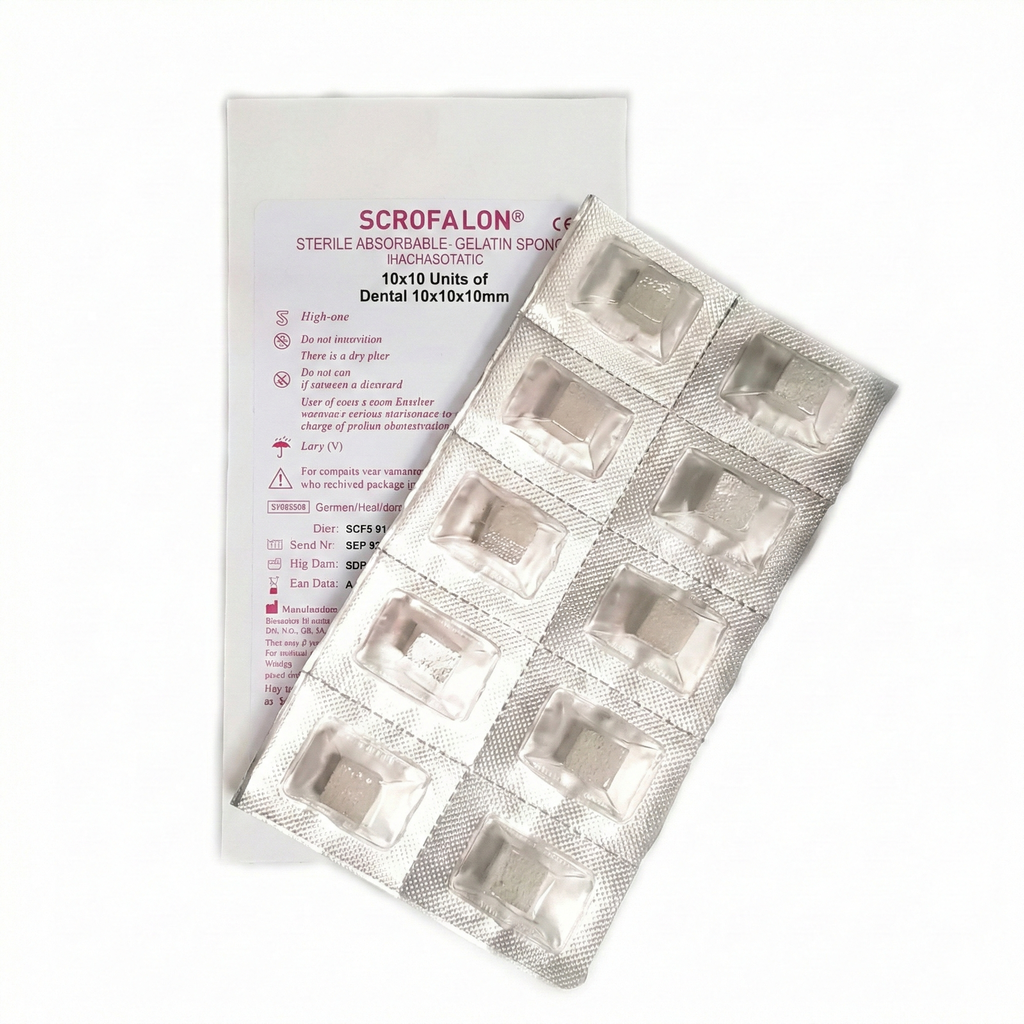 Esponja hemostática absorbible EUCARE Escrofalon 100u para odontología.