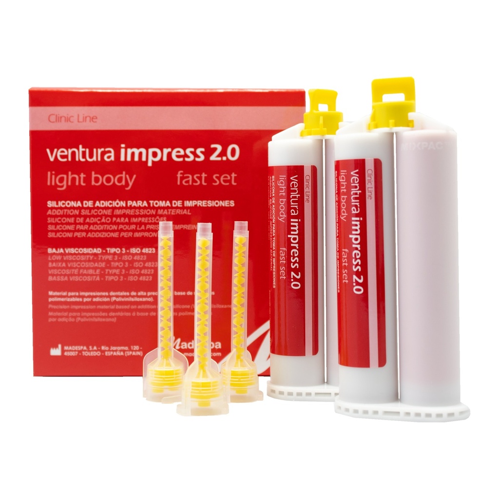 Ventura Impress 2.0 Light Body Fast · Silicona de adición fluida (2 × 50 ml)